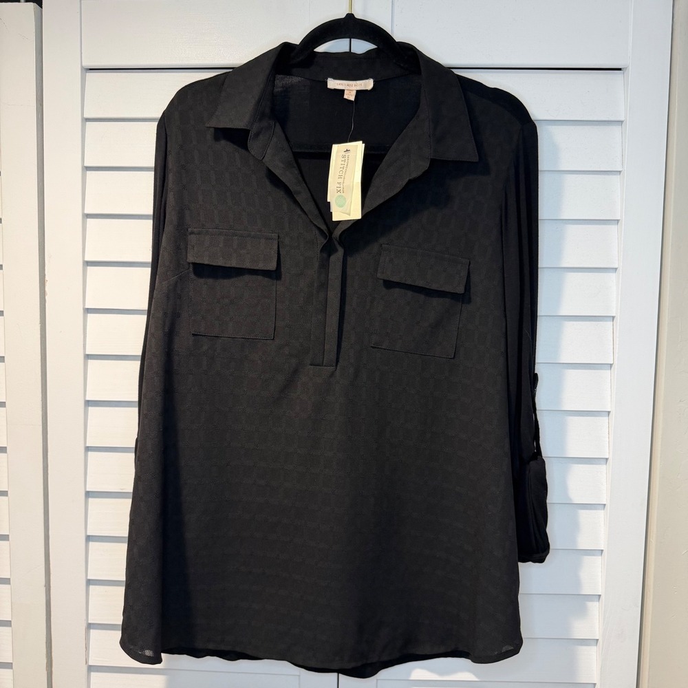 Skies Are Blue Womens XL Black Blouse Stitch Fix Roll Tab Sleeve Pocket Shirt